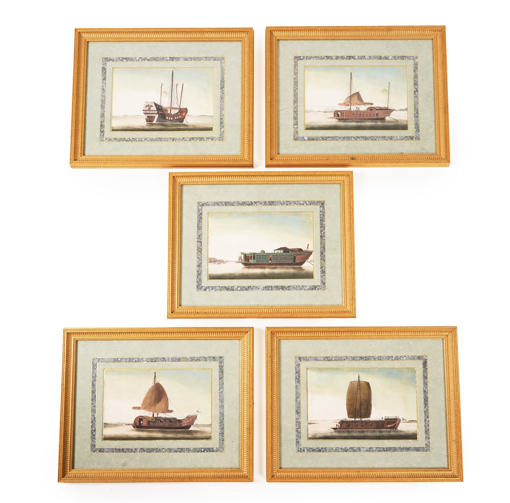 Chinese School , (Mid 19th century), Chinese junk boats in landscapes, Watercolour on pith paper, Image 15cm x 22.5cm